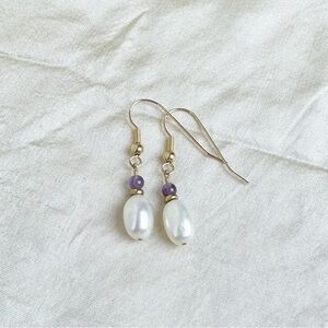 Pearl Amethyst Pierced Dangle Earrings Gold Filled Hooks